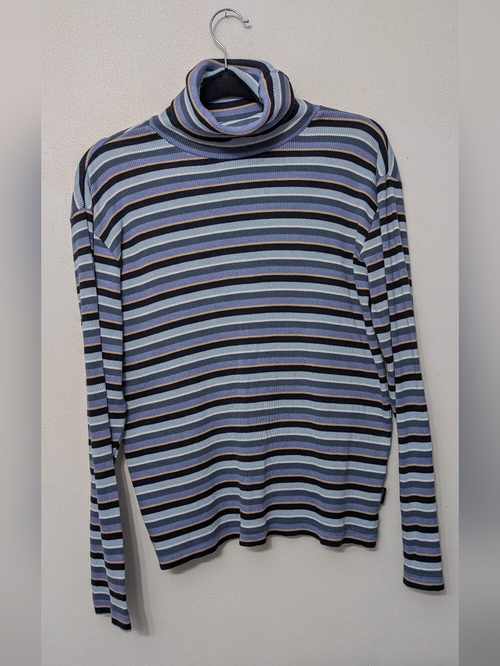 Striped Turtleneck Long Sleeve Vintage Top in Blue and Black 100% Cotton